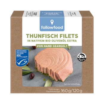 360029 followfood MSC Thunfisch­ Filets in nativem Bio ­Olivenoel extra, von Hand geangelt, 160g